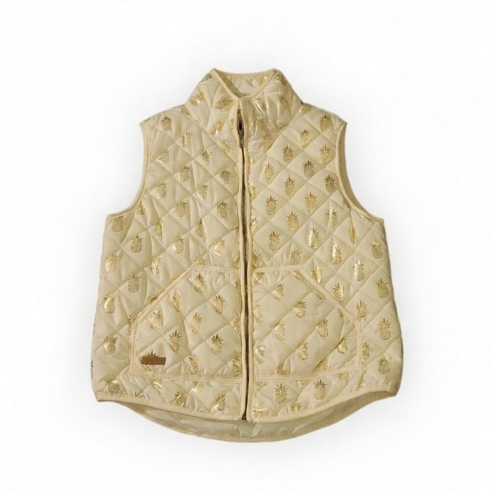 Simply Southern Vest M Gold Pineapple Nylon Puffer Vest Cream Zip Front Pockets